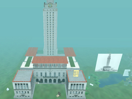 The above screen shot of Second Life depicts the Main Building (aka the Tower) at the University of Texas at Austin