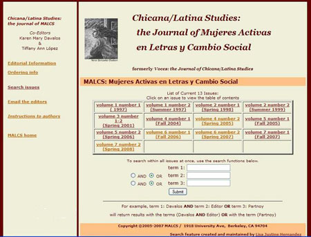 screen shot of Chicana/Latina Studies homepage. It is an online searchable database of the journal's 13 issues.