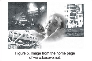 Grainy black and white photo montage from the home page of www.kosovo.net of a crashed train, a boy with a bandaged head, and a burning building.