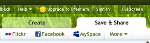 A cropped shot of the save & share feature on the Web 2.0 application Picnik.com. The “save & share” tab is selected showing options to share content with Web 2.0 applications Flickr, MySpace, and Facebook.